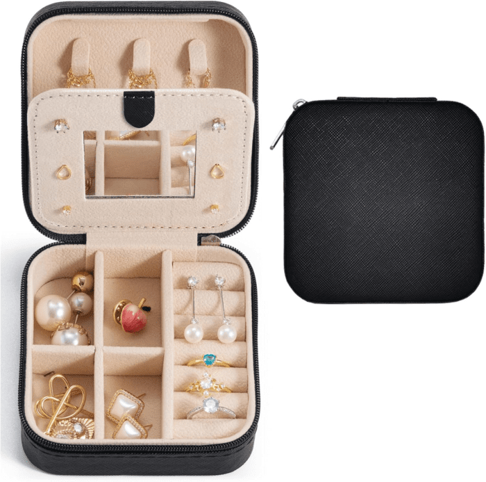 Mini Jewelry Travel Case,Small Jewelry Box,Traveling Jewelry Organizer,Portable Jewellery Storage Holder for Rings Earrings Necklace Bracelet Organizer,Boxes for Girls Women | Black-Mirror