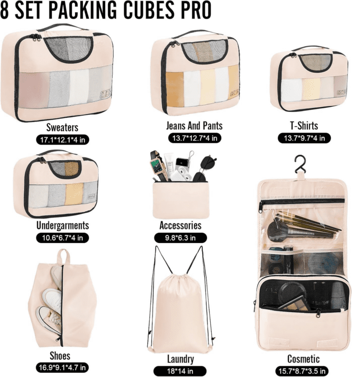 8 Set Packing Cubes for Travel, Gifts for Women Mom, Carry on Suitcase Organizer Bags for Luggage with Hanging Toiletry Bag and Shoe Bag, Travel Essentials Travel Accessories for Cruise Ship - Image 2