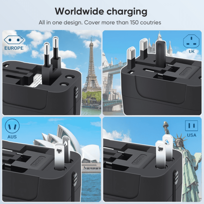 Travel Adapter, Worldwide All in One Universal Travel Adaptor AC Power Plug Adapter Wall Charger with USB-C and USB-A Charging Ports for USA EU UK AUS Black - Image 2