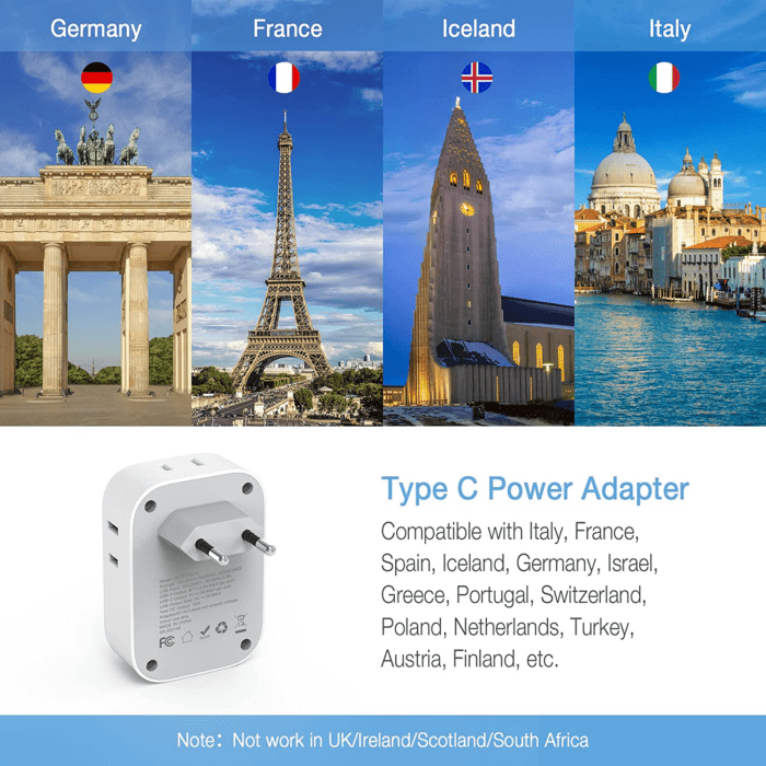 2 Pack European Travel Plug Adapter USB C,  US to Europe Plug Adapter with 4 Outlets 3 USB Charger (1 USB C Port), Type C Power Adaptor to Italy Spain France Portugal Iceland Germany, White Gray - Image 2