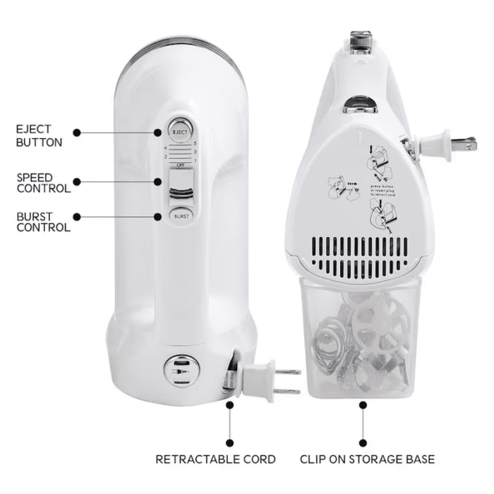 250 Watt Hand Mixer/Blender, Case with Accessories 5-Speed Hand Mixer with Storage (White) - Image 5