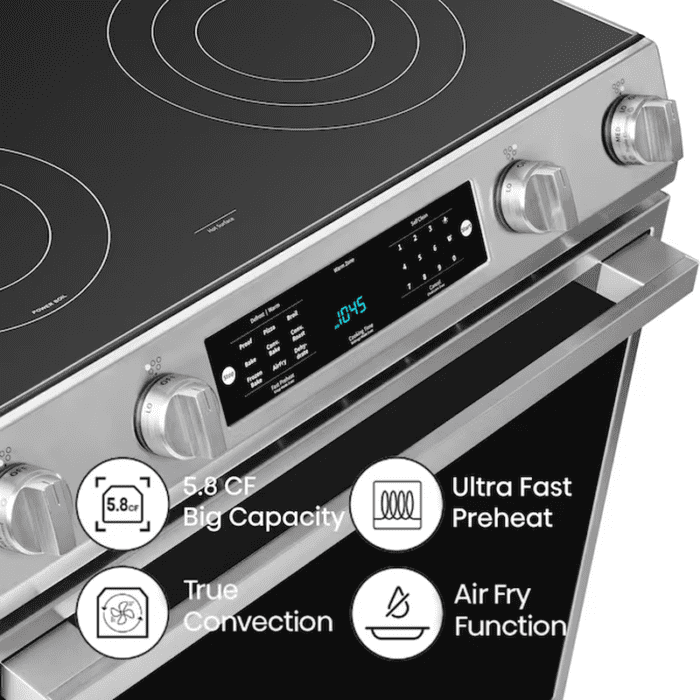 30-In Glass Top 5 Burners 5.8-Cu Ft Self & Steam Cleaning Air Fry Convection Oven Slide-In Electric Range (Stainless Steel) - Image 4