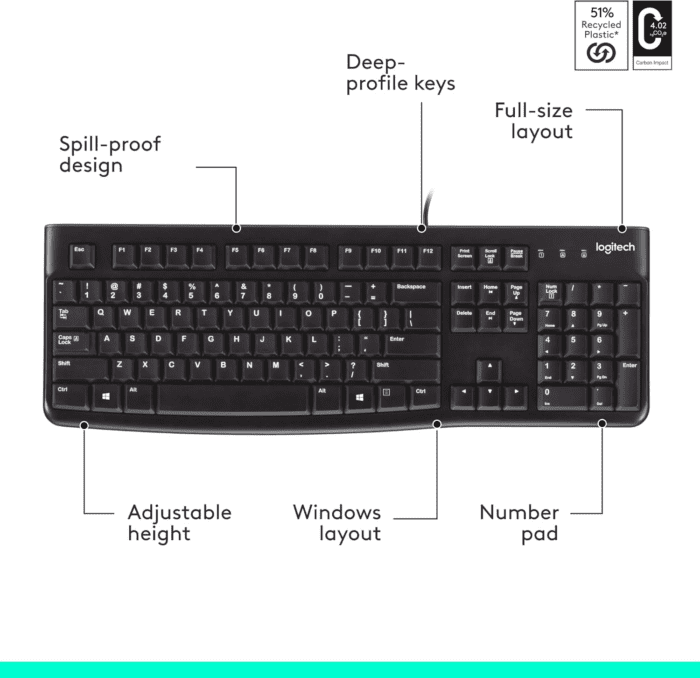 K120 Wired Keyboard for Windows, Plug and Play, Full-Size, Spill-Resistant, Curved Space Bar, Compatible with PC, Laptop - Black - Image 7