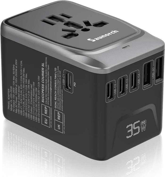 Universal Travel Adapter, PD 35W 7 in 1 International Power Plug Adapter with 7.0A 4 USB-C and 2 USB-A Fast Wall Charger, Worldwide AC Outlet for US Europe UK AUS (Black+Silver)