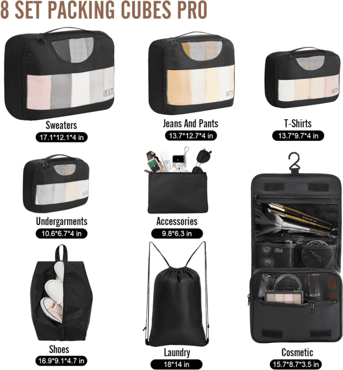 8 Set Packing Cubes for Suitcases, Travel Essentials for Carry On, Luggage Organizer Bags Set for Travel Accessories in 4 Sizes (Extra Large, Large, Medium, Small), Black - Image 2