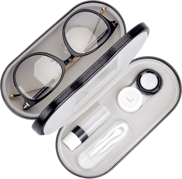 2 in 1 Double Sided Portable Contact Lens Case and Glasses Case,Dual Use Design with Built-In Mirror, Tweezer and Contact Lens Solution Bottle Included for Travel Kit