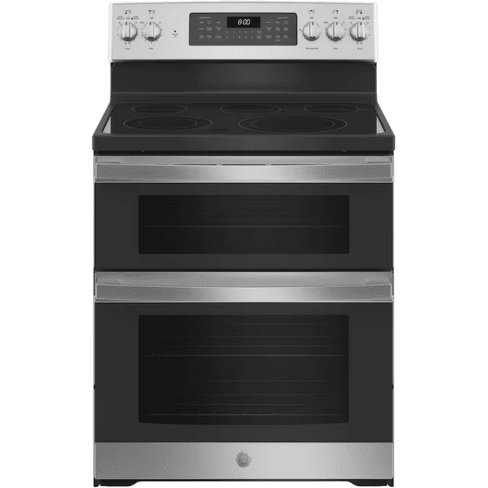 30-In Glass Top 5 Burners 4.4-Cu Ft / 2.2-Cu Ft Steam Cleaning Air Fry Convection Oven Freestanding Double Oven Electric Ran (Stainless Steel)