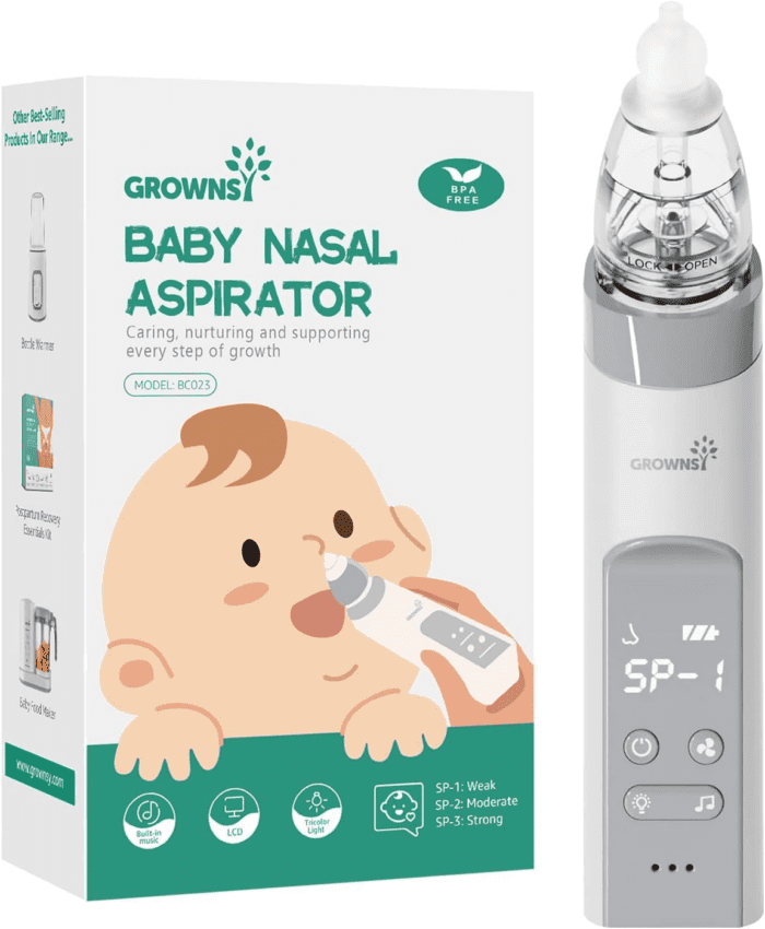 Nasal Aspirator for Baby, Baby Nose Sucker Pro with 3 Soft Silicone Tips, Adjustable Suction, Electric Nose Suction for Baby, Built-In Music & Light Soothing