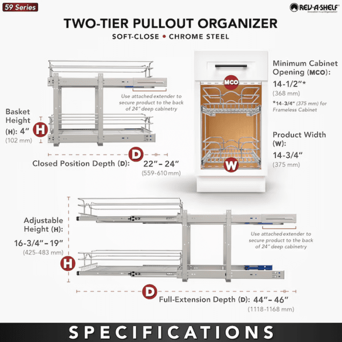 Two-Tier Pull-Out Baskets 14.75-In W X 19-In H X 22-In D 2-Tier Cabinet-Mount Chrome Metal Soft Close Pull-Out Sliding Basket Kit - Image 13