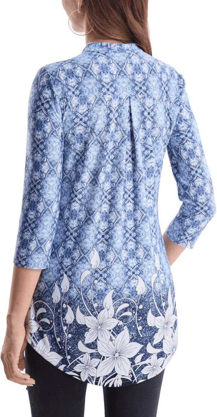 Womens 3/4 Sleeve Floral Printed Notch V Neck Blouses Tunics Tops - Image 3