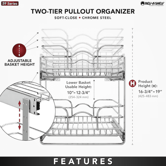 Two-Tier Pull-Out Baskets 14.75-In W X 19-In H X 22-In D 2-Tier Cabinet-Mount Chrome Metal Soft Close Pull-Out Sliding Basket Kit - Image 12