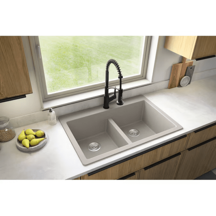 Drop-In 33-In X 22-In Black Quartz Double Equal Bowl 1-Hole Kitchen Sink - Image 16