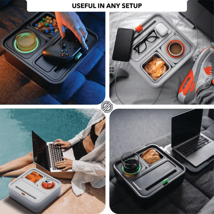 Original Tray - Drinks & Snacks Sofa Caddy with Armrest, Table with Phone Stand- TV Remote Control Storage and Organizer - for Living Rooms, RV, and Cars, Black/Orange - Image 9