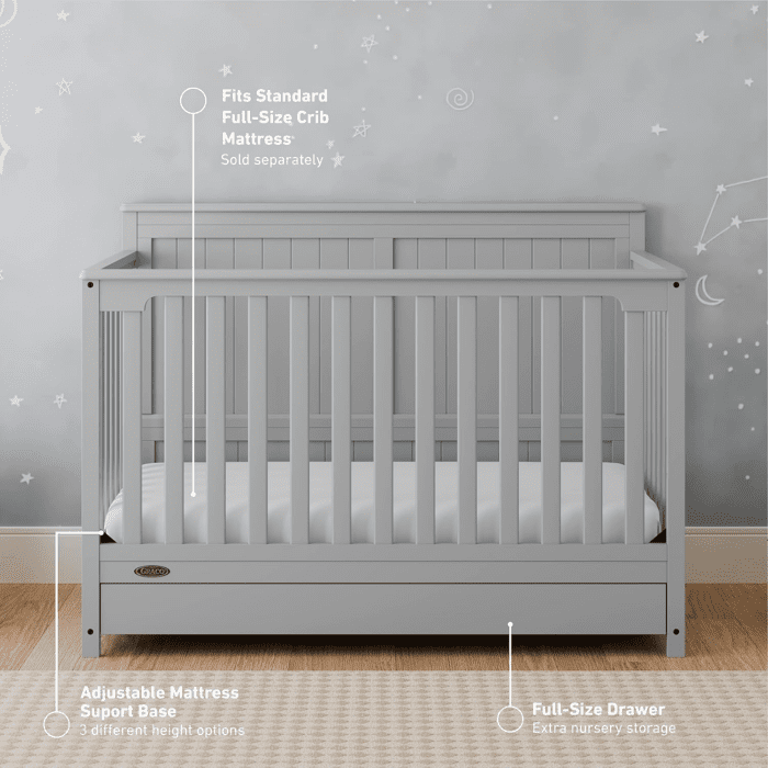 Hadley 5-In-1 Convertible Crib with Drawer (Pebble Gray) – GREENGUARD Gold Certified, Crib with Drawer Combo, Full-Size Nursery Storage Drawer, Converts to Toddler Bed, Daybed - Image 2