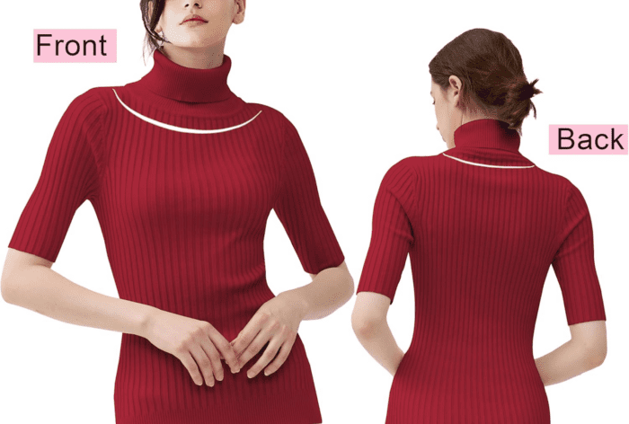 Women Turtleneck 1/2 Half Sleeve Highly Stretchy Ribbed Knit Fitted Sweater - Image 3