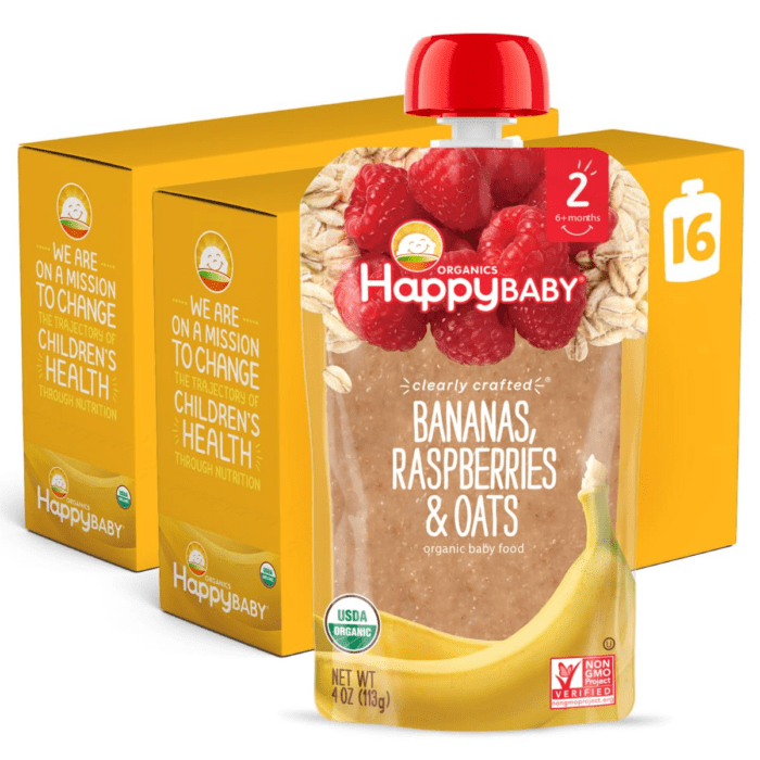 Organics Stage 2 Baby Food Pouches, Gluten Free, Vegan & Healthy Snack, Clearly Crafted Fruit & Veggie Puree, Bananas, Raspberries & Oats, 4 Ounces (Pack of 16)