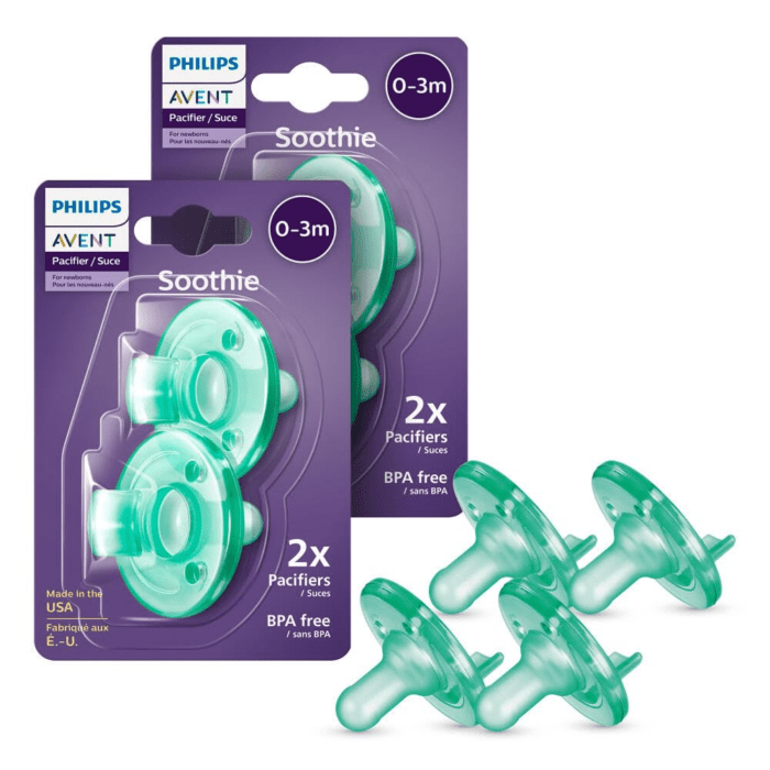 Philips  Soothie 0-3 Months Orthodontic Baby Pacifiers, 100% Silicone Pacifiers, One Piece, Bpa-Free, Green, 4 Pack, Model SCF190/41