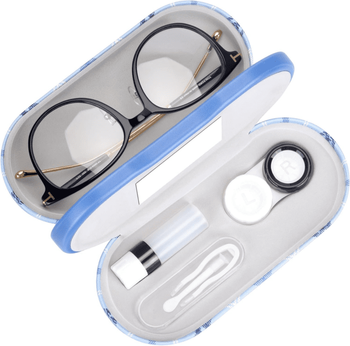 2 in 1 Double Sided Portable Contact Lens Case and Glasses Case,Dual Use Design with Built-In Mirror, Tweezer and Contact Lens Solution Bottle Included for Travel Kit