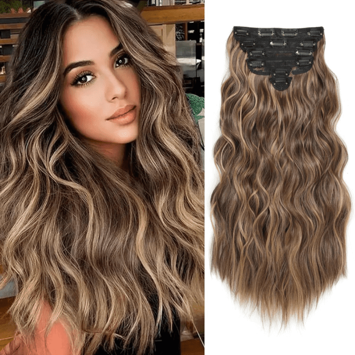 Clip in Hair Extensions for Women, 6PCS Long Wavy Curly Clip on Hair Extensions 20 Inch Honey Blonde Mixed Light Brown Synthetic Thick Hairpieces