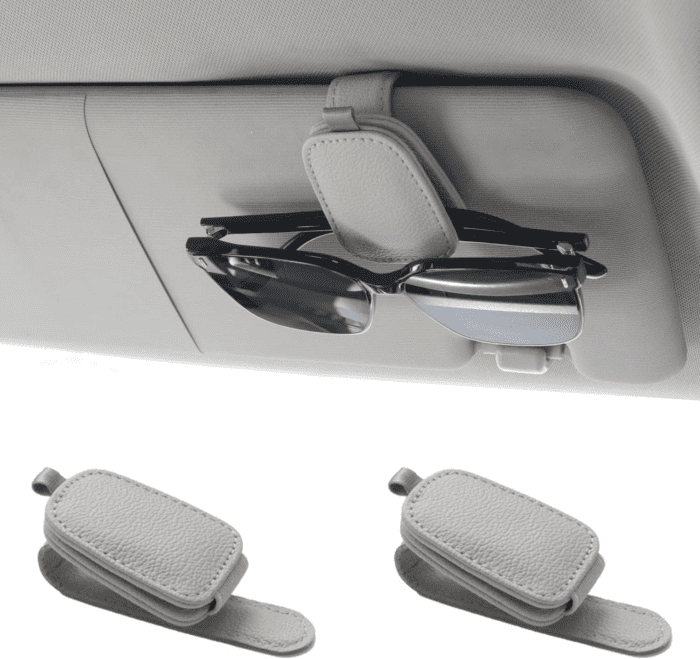 2 Packs Sunglasses Holders for Car Visor - Magnetic Leather Sunglasses Holder and Ticket Card Clip - Car Visor Accessories (Silver Grey)