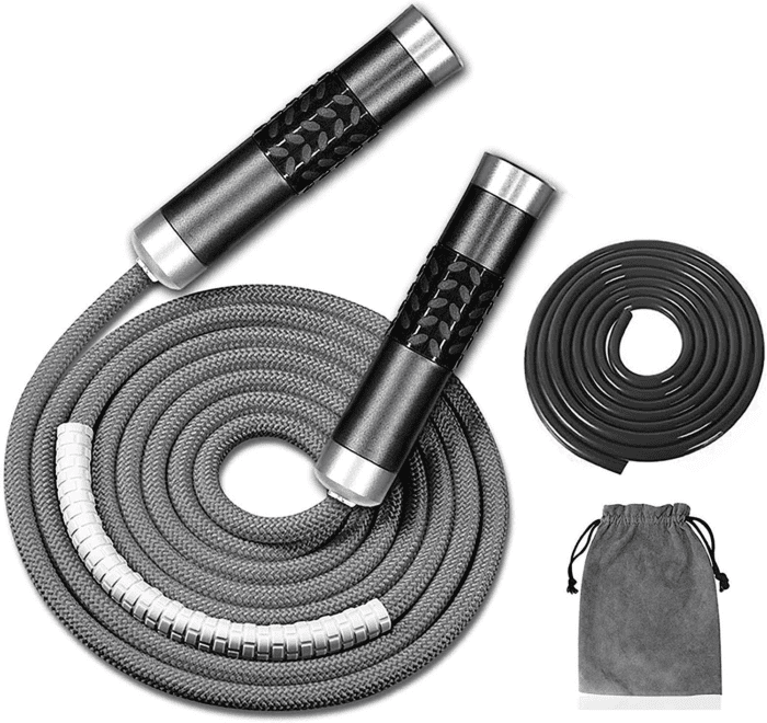 Weighted Jump Rope for Workout Fitness(1Lb), Tangle-Free Ball Bearing Rapid Speed Skipping Rope for MMA Boxing Weight-Loss,Aluminum Handle Adjustable Length 9MM Fabric Cotton+9Mm Solid PVC Rope