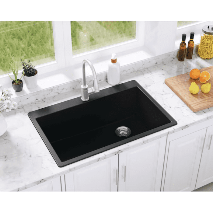 Deforest Collection Dual-Mount 33-In X 22-In Nero Granite Single Bowl 5-Hole Retrofit Kitchen Sink