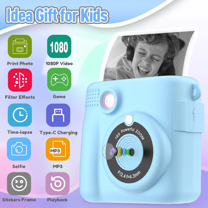 Kids Camera Instant Print, Christmas Birthday Gifts for Kids Age 3-12, Selfie Digital Camera with 1080P Videos,Toddler Portable Travel Camera Toy for 4 5 6 7 8 9 Year Old Boys - Image 2