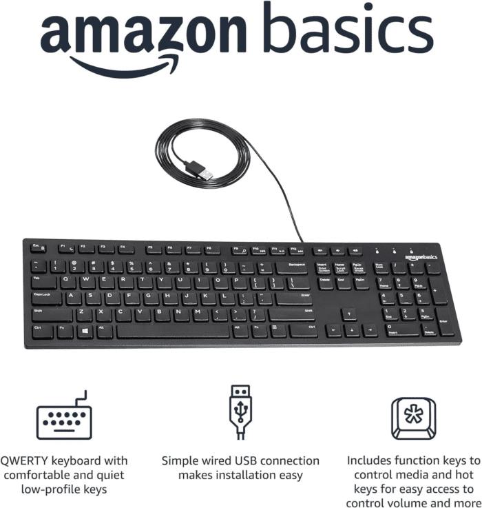 Wired Keyboard, Full-Sized, QWERTY Layout, Black - Image 2