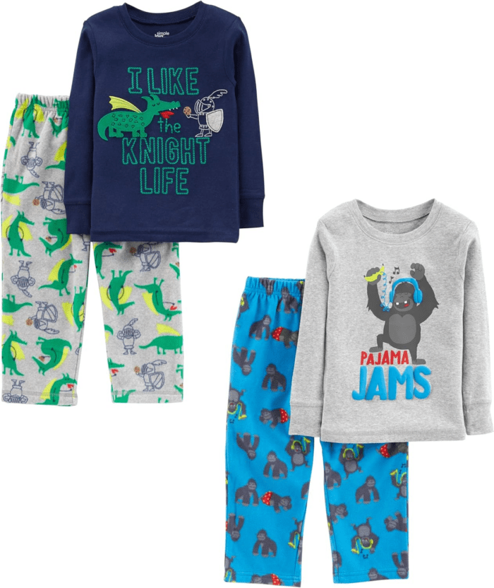 Boys and Toddlers' 4-Piece Pajama Set (Cotton Top & Fleece Bottom)