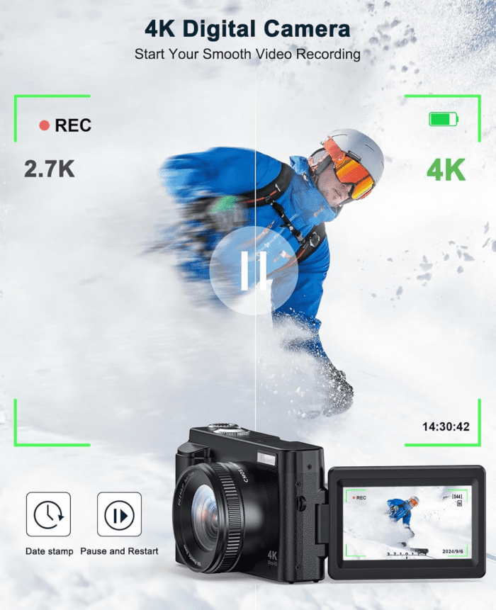 4K Digital Camera for Photography and Video, Autofocus Anti-Shake 48MP Vlogging Camera for Youtube, 3'' 180°Flip Screen Camera with Flash 16X Zoom, Digital Camera with 32GB Card Battery Charger Black - Image 2