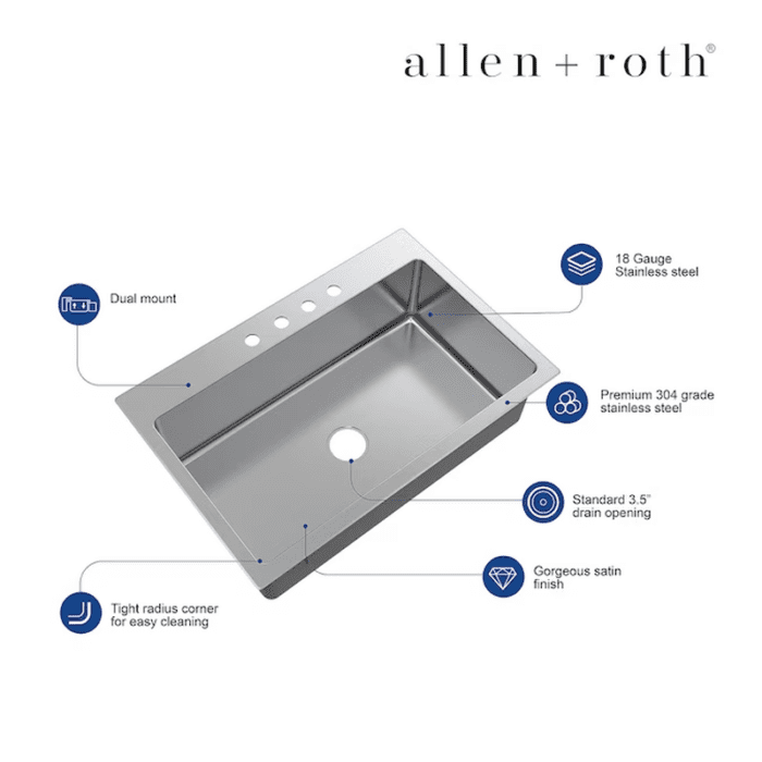 Theo Dual-Mount 33-In X 22-In Stainless Steel Single Bowl 4-Hole Kitchen Sink - Image 5