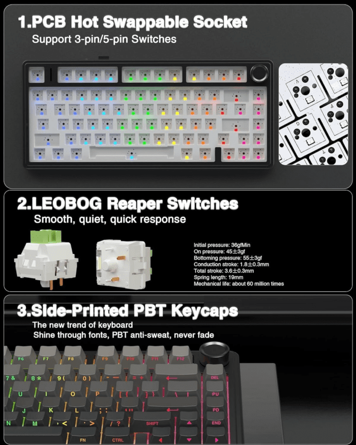 F75 Pro Wireless Mechanical Keyboard,75% Gasket Hot Swappable Custom Keyboard,Rgb Backlit,Pre-Lubed Reaper Switches,Side Printed PBT Keycaps,2.4Ghz/Usb-C/Bt5.0 Mechanical Gaming Keyboard - Image 5