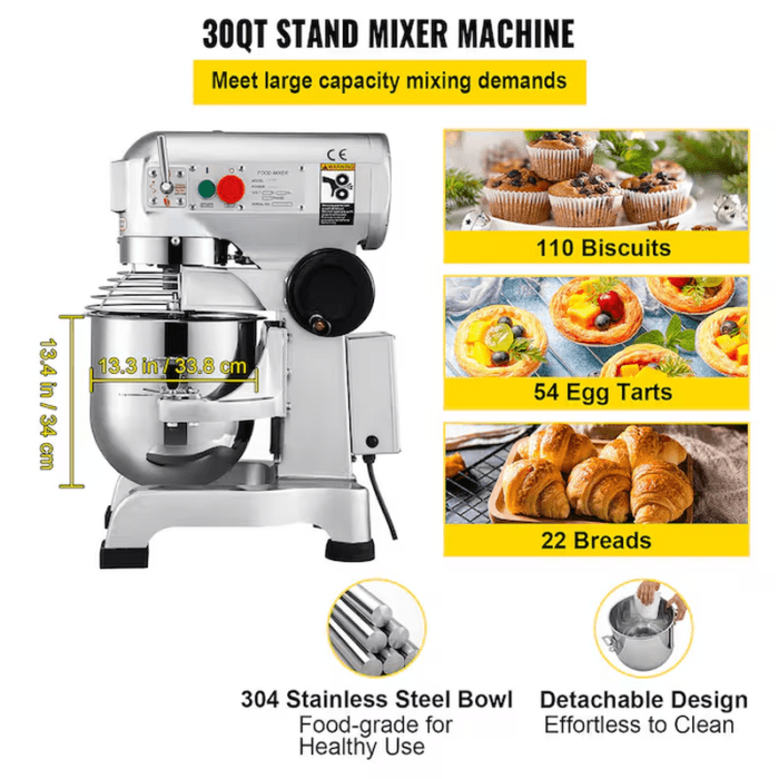 1100 W 3 Speed 30 Qt Food Mixer Dough Mixer Stainless Steel 30-Quart Commercial/Residential Bowl-Lift Stand Mixer - Image 4