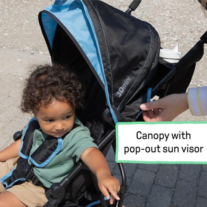 Summer by  3D Mini Convenience Stroller – Lightweight Stroller with Compact Fold, Multi-Position Recline, Canopy with Pop Out Sun Visor – Umbrella Stroller for Travel & More, Blue/Black - Image 7