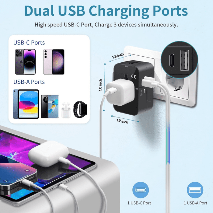 Travel Adapter, Worldwide All in One Universal Travel Adaptor AC Power Plug Adapter Wall Charger with USB-C and USB-A Charging Ports for USA EU UK AUS Black - Image 3