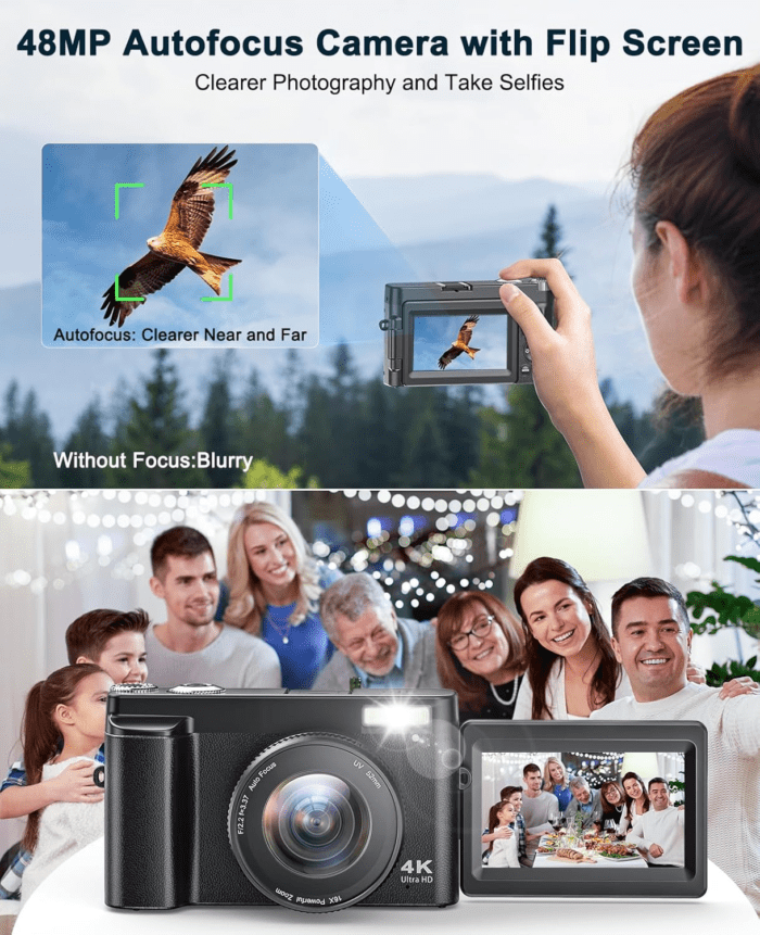 4K Digital Camera for Photography and Video, Autofocus Anti-Shake 48MP Vlogging Camera for Youtube, 3'' 180°Flip Screen Camera with Flash 16X Zoom, Digital Camera with 32GB Card Battery Charger Black - Image 3