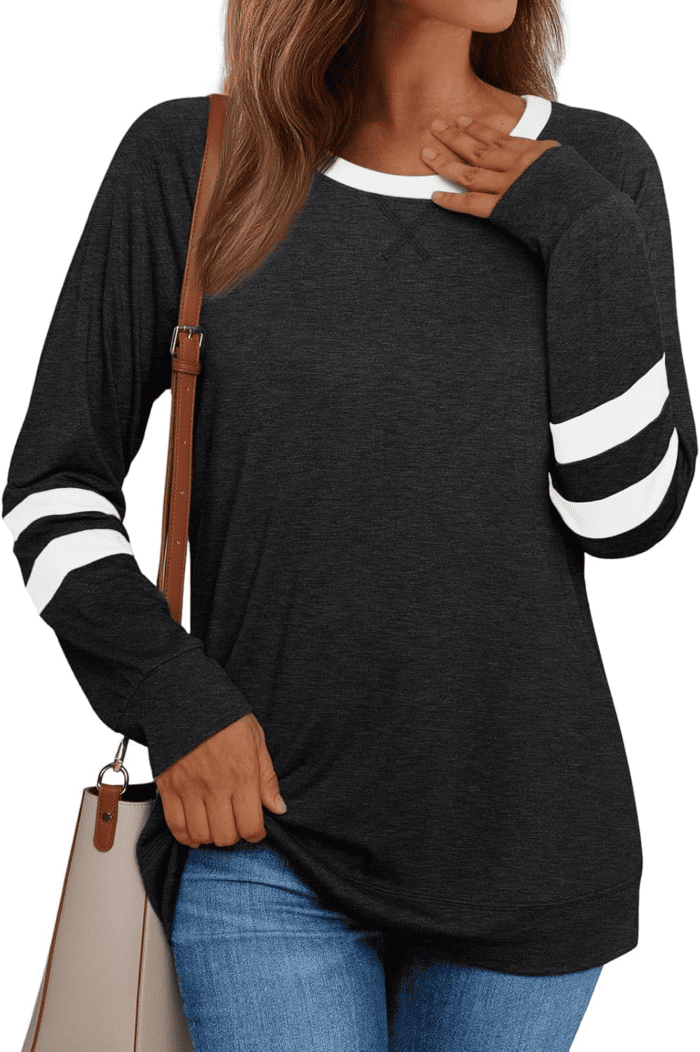 Womens Long Sleeve Shirts Color Block Casual Crewneck Tops Tshirt Basic Tees Fall Fashion Clothes Trendy Outfits