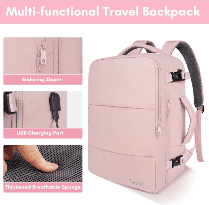 Travel Backpack for Women, Carry on Backpack with USB Charging Port & Shoe Pouch, TSA 15.6Inch Laptop Backpack Flight Approved, Nurse Bag Casual Daypack for Weekender Business Hiking, Pink - Image 8