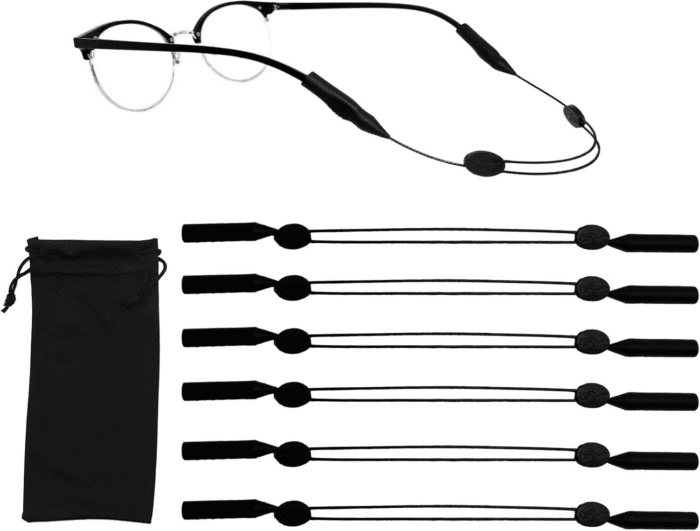 6PCS Eyewear Strap No Tail Adjustable Eyeglasses Strap Holder 14Inch（Black） with 2PCS Lens Cleaning Cloth and a Storage Pouch for Keeping Glasses from Sliding down the Nose