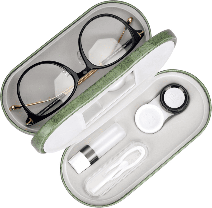 2 in 1 Double Sided Portable Contact Lens Case and Glasses Case,Dual Use Design with Built-In Mirror, Tweezer and Contact Lens Solution Bottle Included for Travel Kit