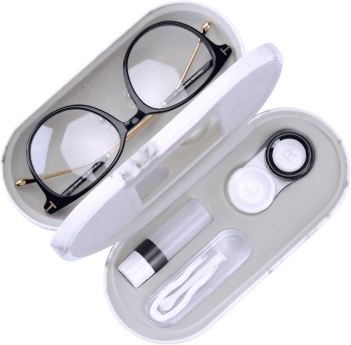 2 in 1 Double Sided Portable Contact Lens Case and Glasses Case,Dual Use Design with Built-In Mirror, Tweezer and Contact Lens Solution Bottle Included for Travel Kit