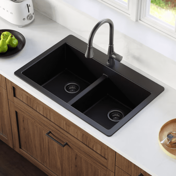 Drop-In 33-In X 22-In Black Quartz Double Equal Bowl 1-Hole Kitchen Sink