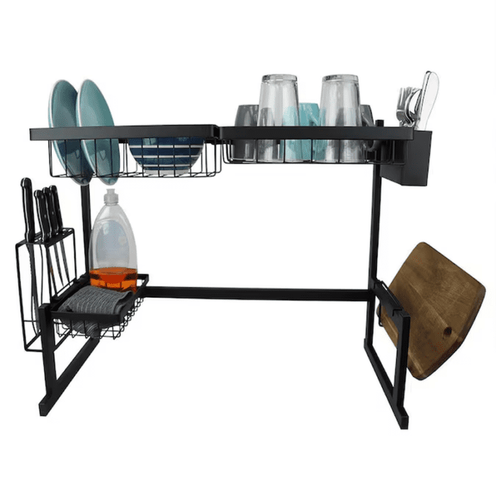 Deluxe over the Sink Steel Kitchen Station, Black - Metal Utensil Holder with 2 Baskets, Cutting Board, Sponge Holder, and Knife Rack - Image 3