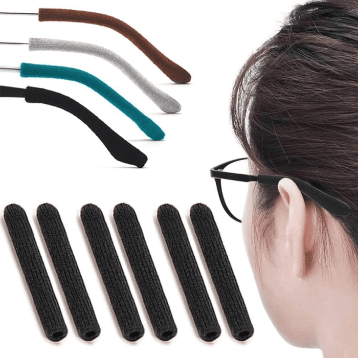 3 Pairs Eye Glasses Ear Grippers, Soft Knitting Cotton Arm Cushion for Glasses behind Ear, anti Slip Eye Glass Ear Grips, Non Slip Ear Pads for Glasses, Eyeglasses Temple Tips for Pain (Black)