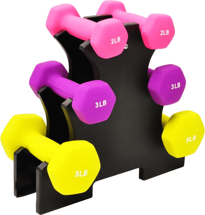 Neoprene Dumbbell Hand Weights, Anti-Slip, Anti-Roll, Hex Shape Colorful, Pair or Set with Stand