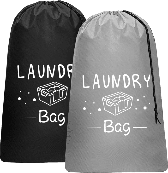 2 Pack Extra Large Travel Laundry Bag, Rip-Stop Dirty Clothes Shoulder Bag with Drawstring, Heavy Duty Travel Laundry Bag, Large Laundry Hamper Liner (Black+Light Grey, 24" X 36")