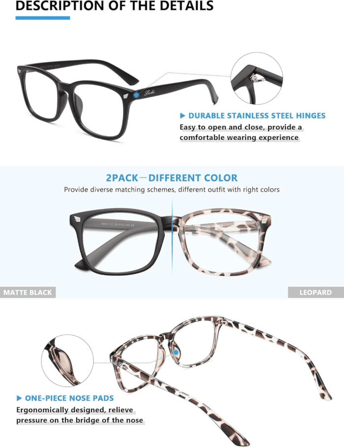 2 Pack Blue Light Blocking Glasses, Computer Reading/Gaming/Tv/Phones Glasses for Women Men,Anti Eyestrain & UV Glare (Matte Black+Leopard) - Image 2