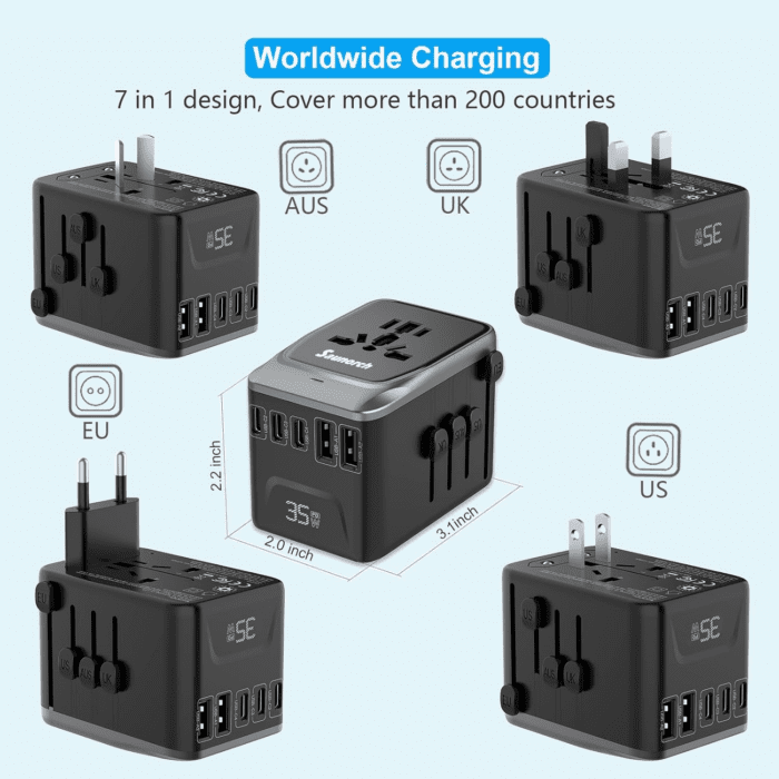 Universal Travel Adapter, PD 35W 7 in 1 International Power Plug Adapter with 7.0A 4 USB-C and 2 USB-A Fast Wall Charger, Worldwide AC Outlet for US Europe UK AUS (Black+Silver) - Image 2