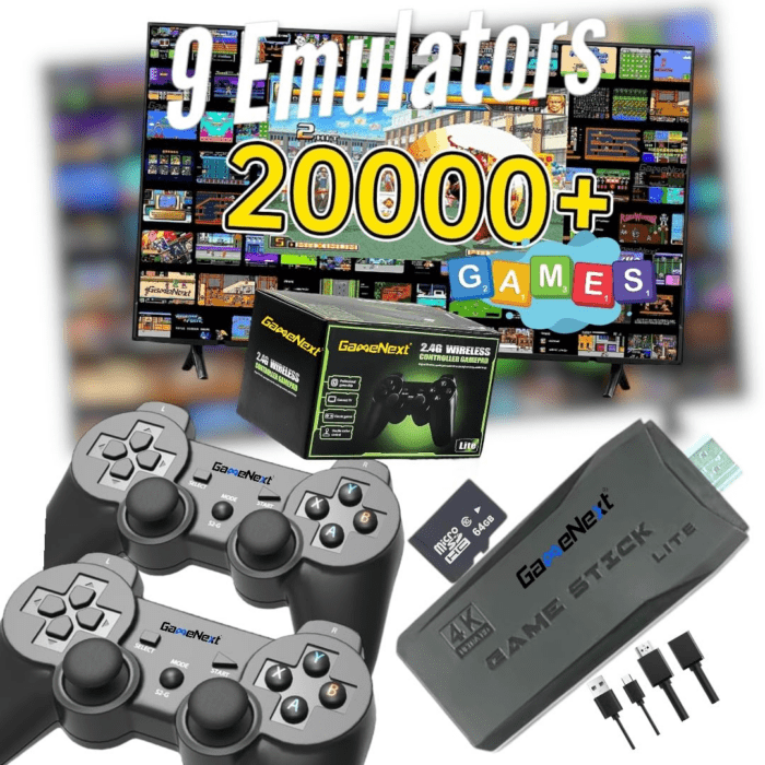 Wireless Retro Gaming Console Stick Retro Video Game Console Stick Built in 20000+ Games with 9 Emulators, 4K HDMI Output with 2 2.4G Wireless Controllers (64GB Memory Card)