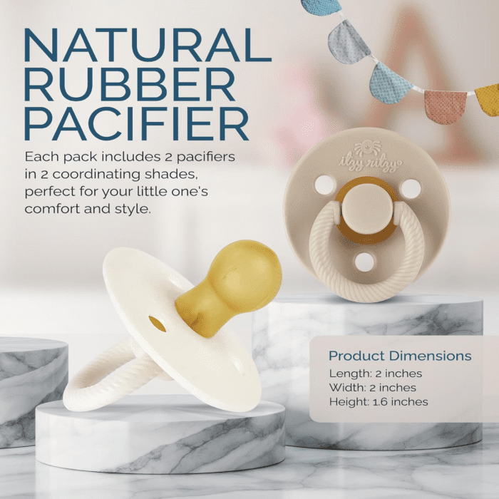 Natural Rubber Pacifiers, Set of 2 – Natural Rubber Newborn Pacifiers with Cherry-Shaped Nipple & Large Air Holes for Added Safety; Set of 2 in Coconut & Toast, Ages 0 – 6 Months - Image 5